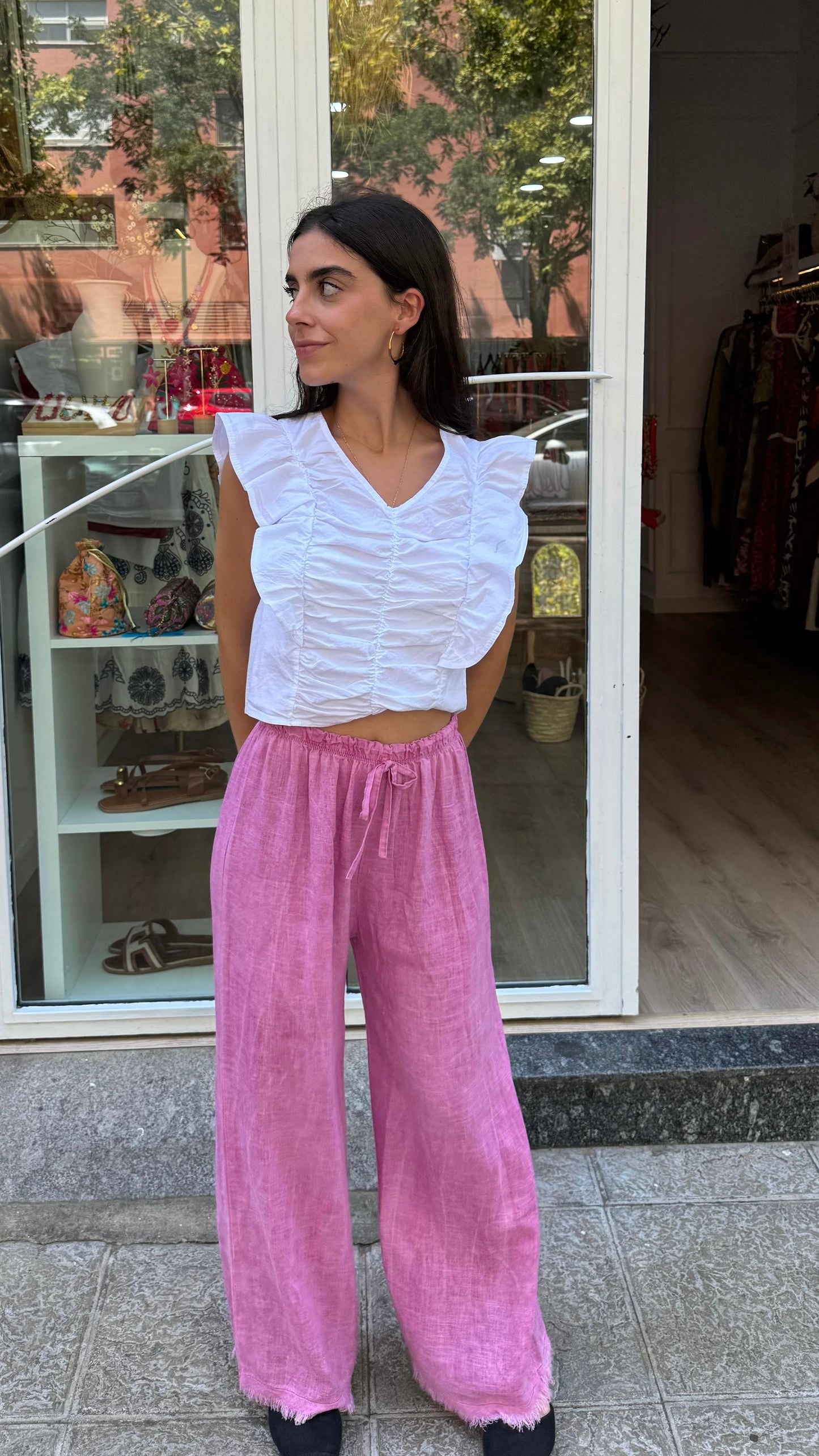 Pantalón lino fluido rosa