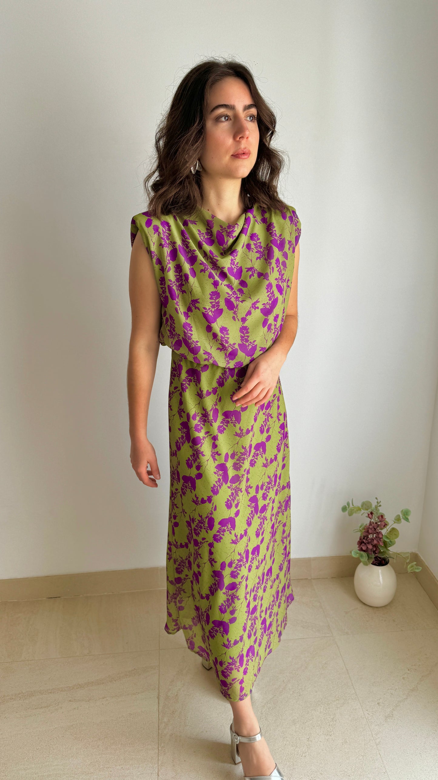 Vestido Arezzo verde y morado