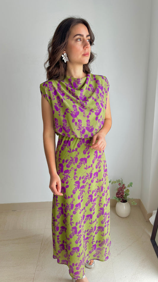 Vestido Arezzo verde y morado